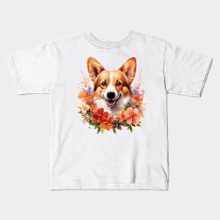Floral corgi Kids T-Shirt